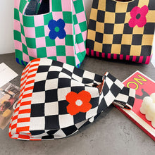 Load image into Gallery viewer, Handmade Knit Handbag Casual Knitted Bag Plaid Checkerboard Flower Wrist-bag Female Tote Bag Women Reusable Shopping Bags
