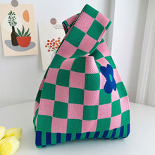 Load image into Gallery viewer, Handmade Knit Handbag Casual Knitted Bag Plaid Checkerboard Flower Wrist-bag Female Tote Bag Women Reusable Shopping Bags
