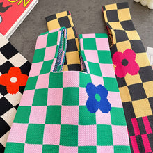 Load image into Gallery viewer, Handmade Knit Handbag Casual Knitted Bag Plaid Checkerboard Flower Wrist-bag Female Tote Bag Women Reusable Shopping Bags
