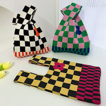 Load image into Gallery viewer, Handmade Knit Handbag Casual Knitted Bag Plaid Checkerboard Flower Wrist-bag Female Tote Bag Women Reusable Shopping Bags
