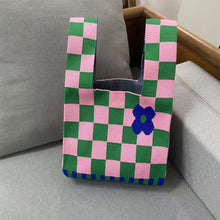 Load image into Gallery viewer, Handmade Knit Handbag Casual Knitted Bag Plaid Checkerboard Flower Wrist-bag Female Tote Bag Women Reusable Shopping Bags
