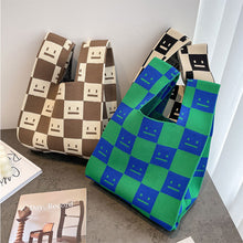 Load image into Gallery viewer, Simple Checkerboard Square Smiling Face Knitted Shoulder Bag Handbag Versatile Large Capacity Soft Knitted Bag
