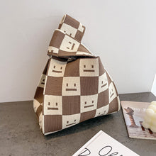 Load image into Gallery viewer, Simple Checkerboard Square Smiling Face Knitted Shoulder Bag Handbag Versatile Large Capacity Soft Knitted Bag

