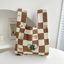 Load image into Gallery viewer, Checkerboard Love Bear Knitted Shoulder Bag Handbag Comfortable Portable Large Capacity Wrist Bag Casual Knitted Bag
