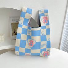 Load image into Gallery viewer, Checkerboard Love Bear Knitted Shoulder Bag Handbag Comfortable Portable Large Capacity Wrist Bag Casual Knitted Bag
