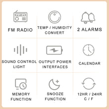 Load image into Gallery viewer, Mordern FM Radio LED Alarm Clock for Bedside Wake Up. Digital Table Calendar with Temperature Thermometer Humidity Hygrometer
