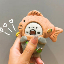 Load image into Gallery viewer, Plush Cranky Shark Adult Plush Toy Bag Pendant Shark with Fish Cap Soft Stuffed Doll Keychain Keyring Bags Pendant Plush Doll Gift
