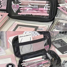 Load image into Gallery viewer, 1Pc Large Capacity Transparent Visual Window Canvas Pencil Case Student Stationery Box Black College Style Zipper Pencil Bag
