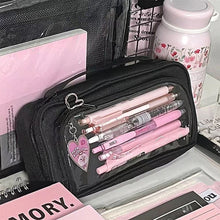 Load image into Gallery viewer, 1Pc Large Capacity Transparent Visual Window Canvas Pencil Case Student Stationery Box Black College Style Zipper Pencil Bag

