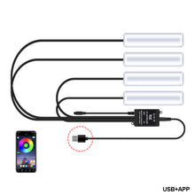 Load image into Gallery viewer, 4Pcs/Set 12V LED Car Interior Atmosphere Backlight Ambient Mood Foot Light With Cigarette USB Lighter Decorative APP Remote Control Lamp Auto Accessories
