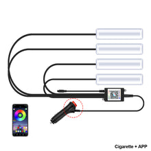 Load image into Gallery viewer, 4Pcs/Set 12V LED Car Interior Atmosphere Backlight Ambient Mood Foot Light With Cigarette USB Lighter Decorative APP Remote Control Lamp Auto Accessories
