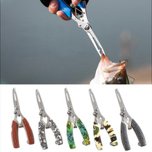 Load image into Gallery viewer, Multifunctional Lure Pliers Camo Curved Nose Stainless Steel Scissors Control Fish Pliers With Knife Open Steel Ring Cutting Line Fishing Tools
