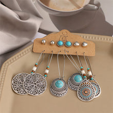 Load image into Gallery viewer, 6PCS/SET Retro Exaggerated Bohemian Ethnic Earrings Set Jewel Feather Shell Hollow Half-Round Stud Earrings Set
