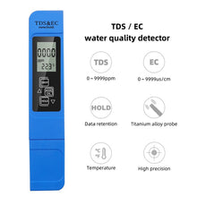 Load image into Gallery viewer, Water Quality Tester Digital TDS EC Temperature Meter 3 in 1 with 0-9999ppm Range for Drinking Water Fishpond Aquariums
