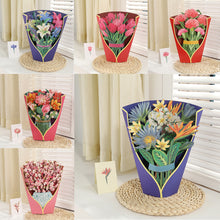 Load image into Gallery viewer, 3D Pops-up Bouquet Forever Rose/Daffodils/Lliy/Carnations Paper Flowers Tropical Bloom for Birthday Anniversary Wedding Greeting Card

