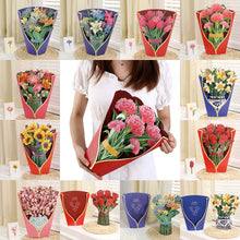 Load image into Gallery viewer, 3D Pops-up Bouquet Forever Rose/Daffodils/Lliy/Carnations Paper Flowers Tropical Bloom for Birthday Anniversary Wedding Greeting Card
