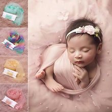Load image into Gallery viewer, Newborn Baby Photography Props Long Wrap Chiffon Beads Flower Decoration DIY Photo Props Blanket with Headbands
