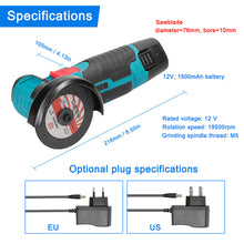 Load image into Gallery viewer, 12V Brushed Angle Grinder 19500rpm Grinding Polishing Machine Cordless Lithium Battery Rechargeable Grinder Cutting Power Tools
