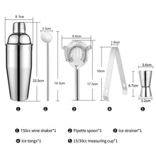 Load image into Gallery viewer, 1Set Cocktail Shaker Bar Set Stainless Steel Bartender Kit Boston Shaker/Jigger/Strainer/Bar Mixer Spoon/Tongs Party Bar Tools
