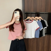 Load image into Gallery viewer, Korean Style T-shirt for Women Solid O-neck Fashion Short Sleeve All-match Summer Tops Chic Girls College Elegant Streetwear Ins
