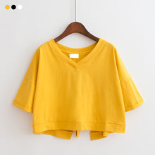 Load image into Gallery viewer, Korean Style Women Casual T-shirt Summer V-neck Short Sleeve Shirts Back Tie Basic Tops Solid White Black Shirts
