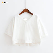 Load image into Gallery viewer, Korean Style Women Casual T-shirt Summer V-neck Short Sleeve Shirts Back Tie Basic Tops Solid White Black Shirts
