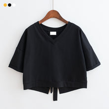 Load image into Gallery viewer, Korean Style Women Casual T-shirt Summer V-neck Short Sleeve Shirts Back Tie Basic Tops Solid White Black Shirts
