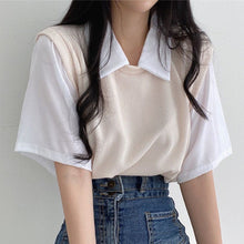 Load image into Gallery viewer, School Style Fake 2 pieces T-shirts Contrast Color Shirts Women Girls Summer Casual Loose Tops Turndown Collar Shirts
