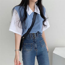 Load image into Gallery viewer, School Style Fake 2 pieces T-shirts Contrast Color Shirts Women Girls Summer Casual Loose Tops Turndown Collar Shirts
