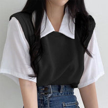 Load image into Gallery viewer, School Style Fake 2 pieces T-shirts Contrast Color Shirts Women Girls Summer Casual Loose Tops Turndown Collar Shirts
