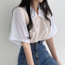 Load image into Gallery viewer, School Style Fake 2 pieces T-shirts Contrast Color Shirts Women Girls Summer Casual Loose Tops Turndown Collar Shirts
