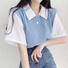 Load image into Gallery viewer, School Style Fake 2 pieces T-shirts Contrast Color Shirts Women Girls Summer Casual Loose Tops Turndown Collar Shirts
