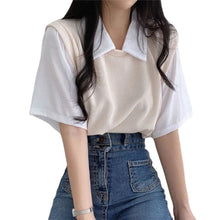 Load image into Gallery viewer, School Style Fake 2 pieces T-shirts Contrast Color Shirts Women Girls Summer Casual Loose Tops Turndown Collar Shirts
