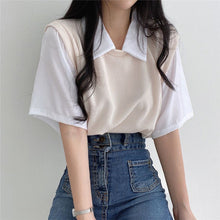 Load image into Gallery viewer, School Style Fake 2 pieces T-shirts Contrast Color Shirts Women Girls Summer Casual Loose Tops Turndown Collar Shirts
