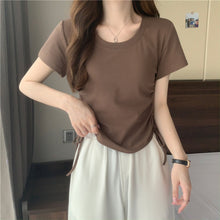 Load image into Gallery viewer, Drawstring Short-Sleeved T-shirt Women's 2024 Summer Thin Versatile Pullover O-neck Fashion Slim Fit Short Top Versatile Base Tee
