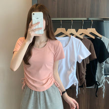 Load image into Gallery viewer, Drawstring Short-Sleeved T-shirt Women's 2024 Summer Thin Versatile Pullover O-neck Fashion Slim Fit Short Top Versatile Base Tee
