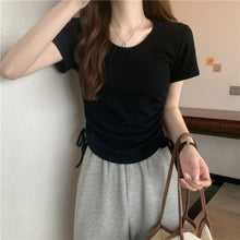 Load image into Gallery viewer, Drawstring Short-Sleeved T-shirt Women's 2024 Summer Thin Versatile Pullover O-neck Fashion Slim Fit Short Top Versatile Base Tee
