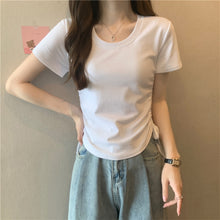 Load image into Gallery viewer, Drawstring Short-Sleeved T-shirt Women's 2024 Summer Thin Versatile Pullover O-neck Fashion Slim Fit Short Top Versatile Base Tee
