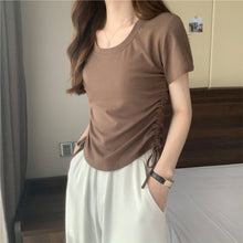 Load image into Gallery viewer, Drawstring Short-Sleeved T-shirt Women's 2024 Summer Thin Versatile Pullover O-neck Fashion Slim Fit Short Top Versatile Base Tee
