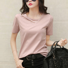 Load image into Gallery viewer, Korean Style Women Casual T-shirt Summer V-neck Short Sleeve Shirts All-mactch Basic Tops Solid White Black Shirts
