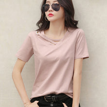 Load image into Gallery viewer, Korean Style Women Casual T-shirt Summer V-neck Short Sleeve Shirts All-mactch Basic Tops Solid White Black Shirts
