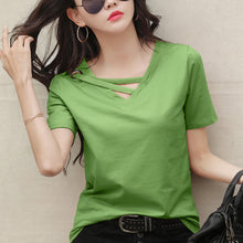 Load image into Gallery viewer, Korean Style Women Casual T-shirt Summer V-neck Short Sleeve Shirts All-mactch Basic Tops Solid White Black Shirts
