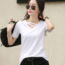Load image into Gallery viewer, Korean Style Women Casual T-shirt Summer V-neck Short Sleeve Shirts All-mactch Basic Tops Solid White Black Shirts
