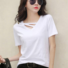 Load image into Gallery viewer, Korean Style Women Casual T-shirt Summer V-neck Short Sleeve Shirts All-mactch Basic Tops Solid White Black Shirts
