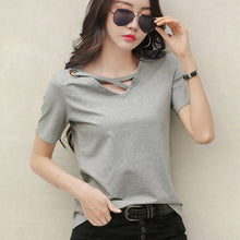 Load image into Gallery viewer, Korean Style Women Casual T-shirt Summer V-neck Short Sleeve Shirts All-mactch Basic Tops Solid White Black Shirts
