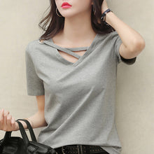 Load image into Gallery viewer, Korean Style Women Casual T-shirt Summer V-neck Short Sleeve Shirts All-mactch Basic Tops Solid White Black Shirts
