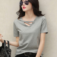 Load image into Gallery viewer, Korean Style Women Casual T-shirt Summer V-neck Short Sleeve Shirts All-mactch Basic Tops Solid White Black Shirts
