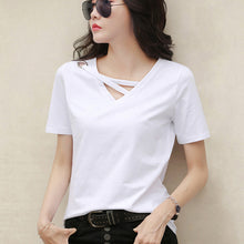 Load image into Gallery viewer, Korean Style Women Casual T-shirt Summer V-neck Short Sleeve Shirts All-mactch Basic Tops Solid White Black Shirts
