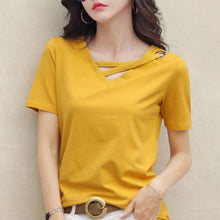 Load image into Gallery viewer, Korean Style Women Casual T-shirt Summer V-neck Short Sleeve Shirts All-mactch Basic Tops Solid White Black Shirts
