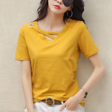 Load image into Gallery viewer, Korean Style Women Casual T-shirt Summer V-neck Short Sleeve Shirts All-mactch Basic Tops Solid White Black Shirts
